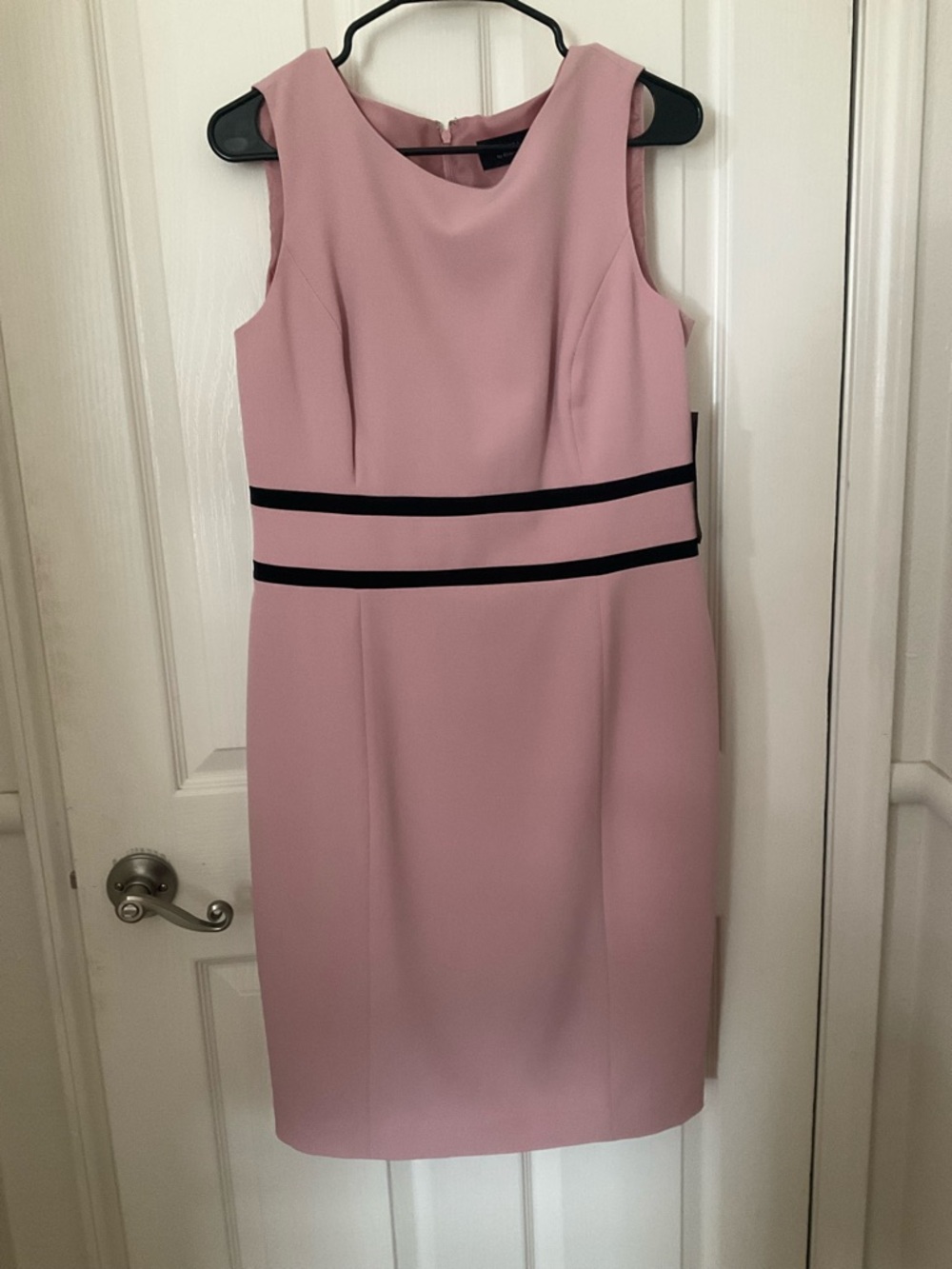 Sleeveless Pink Midi Sheath Dress with Black Waist Accents